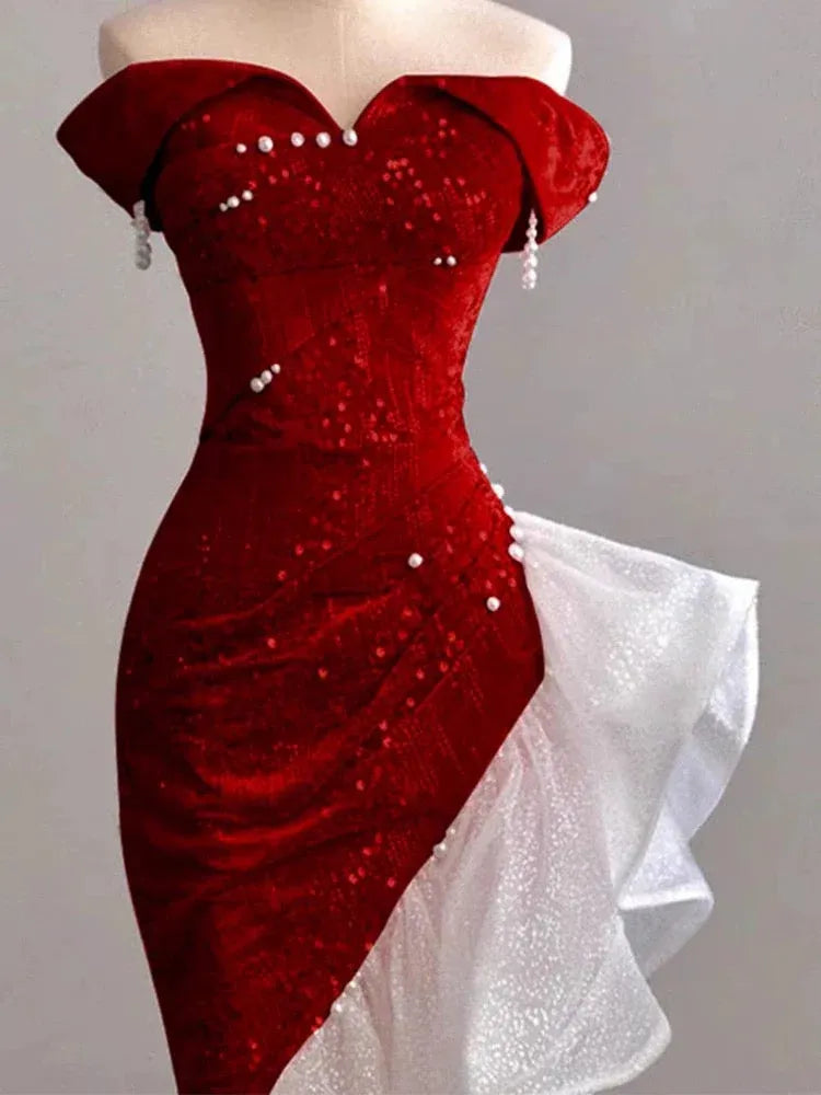 Dramatic Mermaid Off-the-Shoulder Short-Sleeve Ruffled Red-White Maxi Prom Dress for Women hot sale