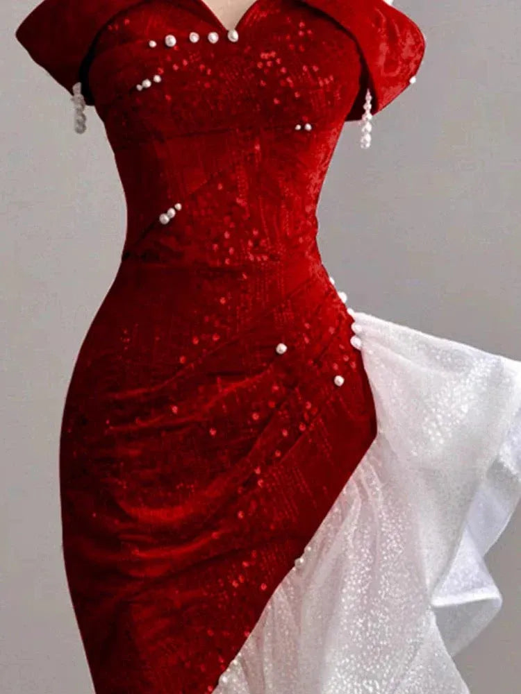 Dramatic Mermaid Off-the-Shoulder Short-Sleeve Ruffled Red-White Maxi Prom Dress for Women hot sale