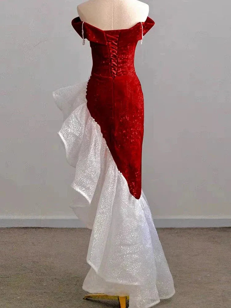 Dramatic Mermaid Off-the-Shoulder Short-Sleeve Ruffled Red-White Maxi Prom Dress for Women hot sale