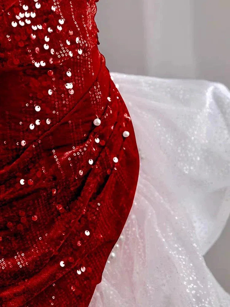 Dramatic Mermaid Off-the-Shoulder Short-Sleeve Ruffled Red-White Maxi Prom Dress for Women hot sale