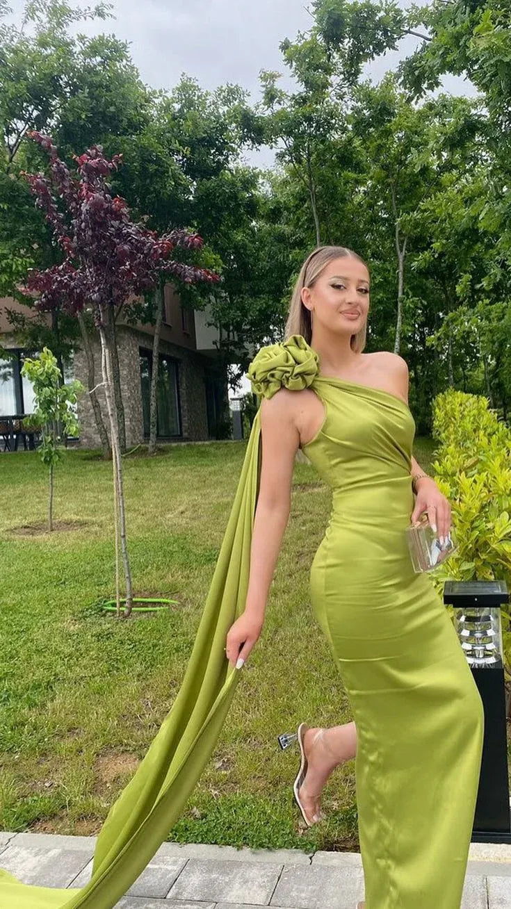 Dramatic Mermaid One-Shoulder Sleeveless Ruffled Olive Green Maxi Prom Dress for Women Custom