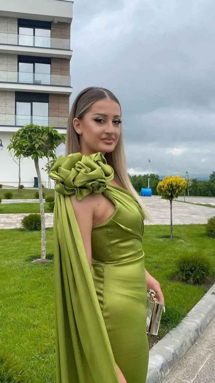 Dramatic Mermaid One-Shoulder Sleeveless Ruffled Olive Green Maxi Prom Dress for Women Custom