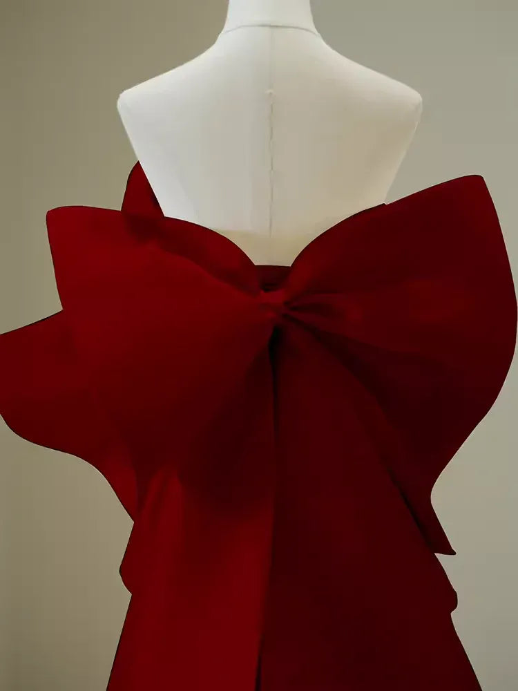 Dramatic Mermaid Strapless Ruffle-Accent Satin Red Maxi Evening Dress for Women