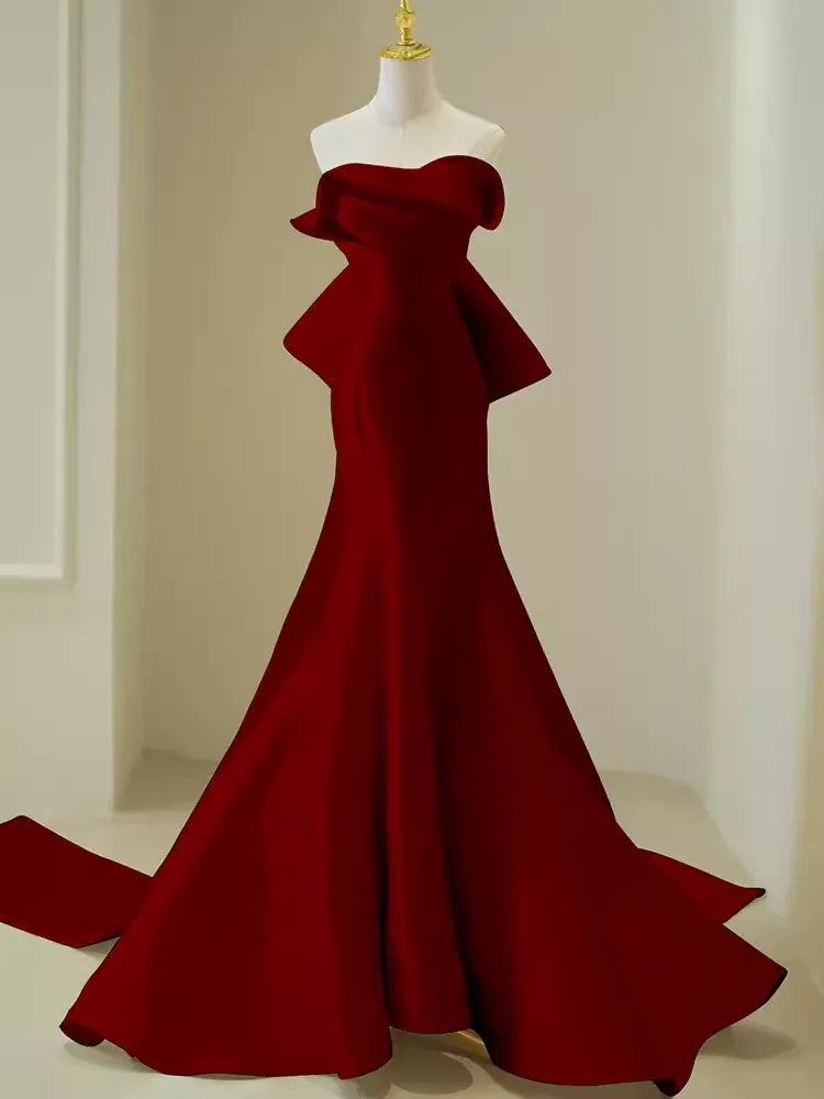 Dramatic Mermaid Strapless Ruffle-Accent Satin Red Maxi Evening Dress for Women