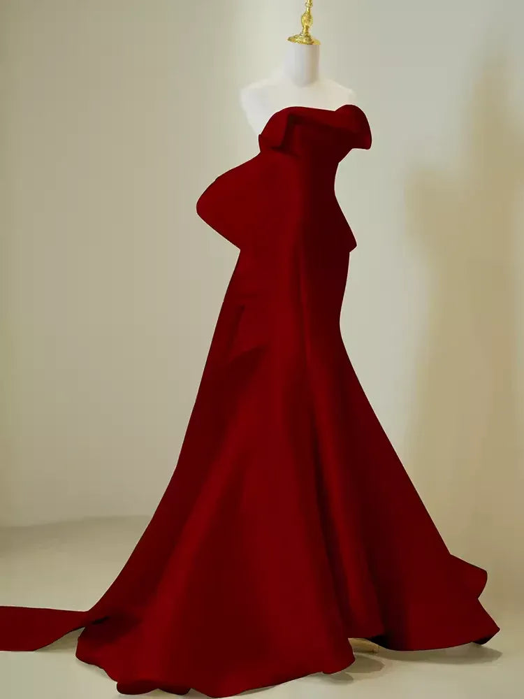 Dramatic Mermaid Strapless Ruffle-Accent Satin Red Maxi Evening Dress for Women