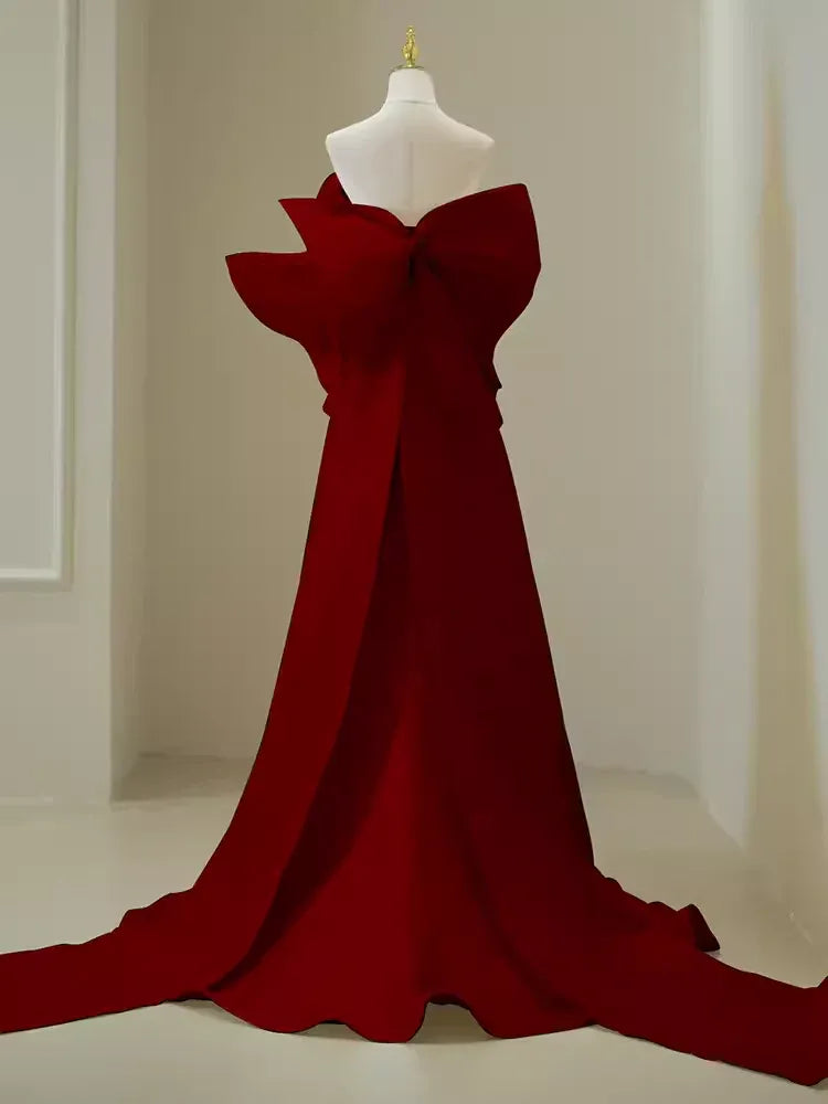 Dramatic Mermaid Strapless Ruffle-Accent Satin Red Maxi Evening Dress for Women