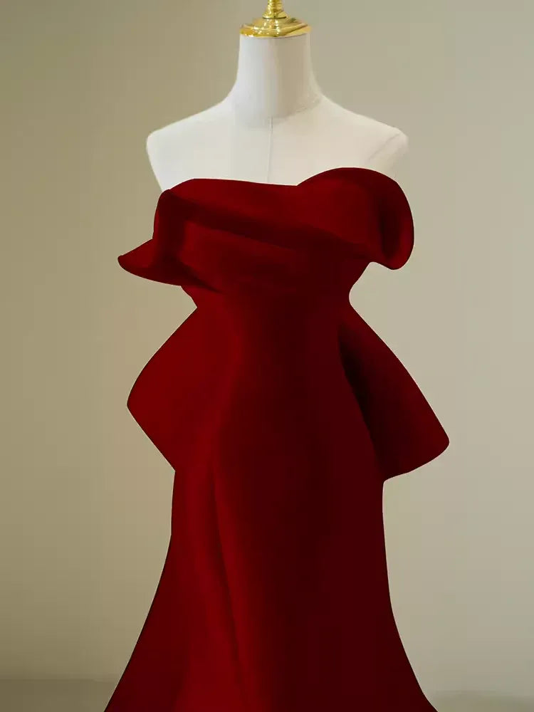 Dramatic Mermaid Strapless Ruffle-Accent Satin Red Maxi Evening Dress for Women