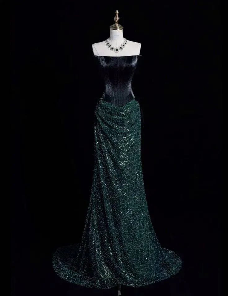 Dramatic Mermaid Strapless Sequin-Embellished Fabric Emerald Floor-Length Evening Dress for Women