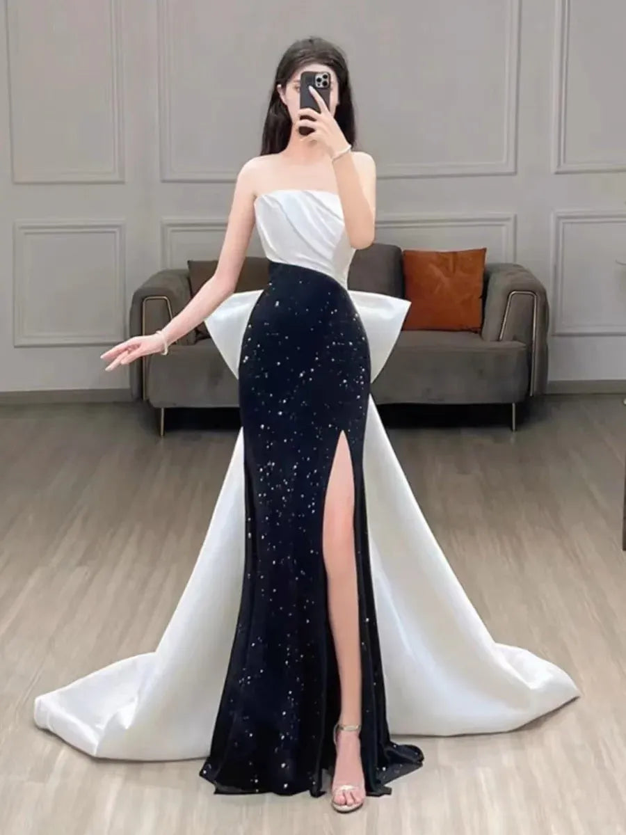 Dramatic Mermaid Strapless Two-Tone Sequin-Bow Black-White Maxi Evening Dress for Women
