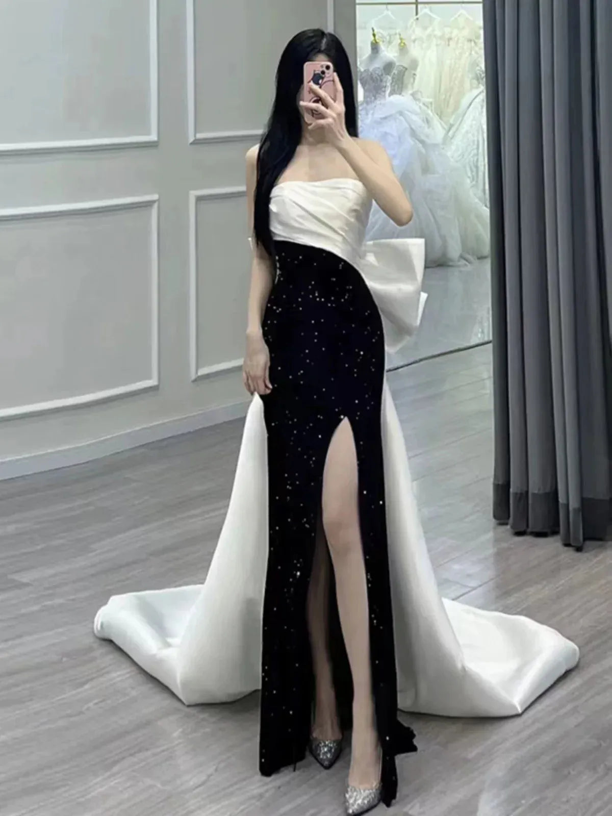 Dramatic Mermaid Strapless Two-Tone Sequin-Bow Black-White Maxi Evening Dress for Women