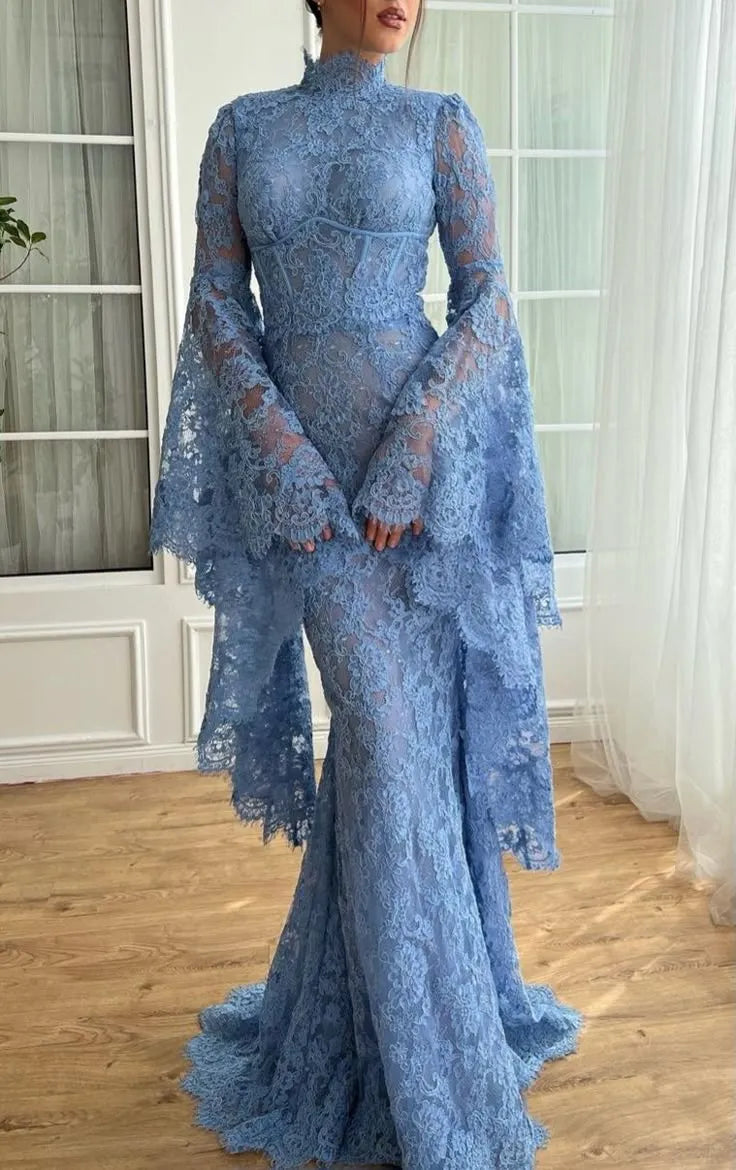 Dramatic Mermaid Turtleneck Long-Sleeve Lace Sky Blue Floor-Length Prom Dress for Women