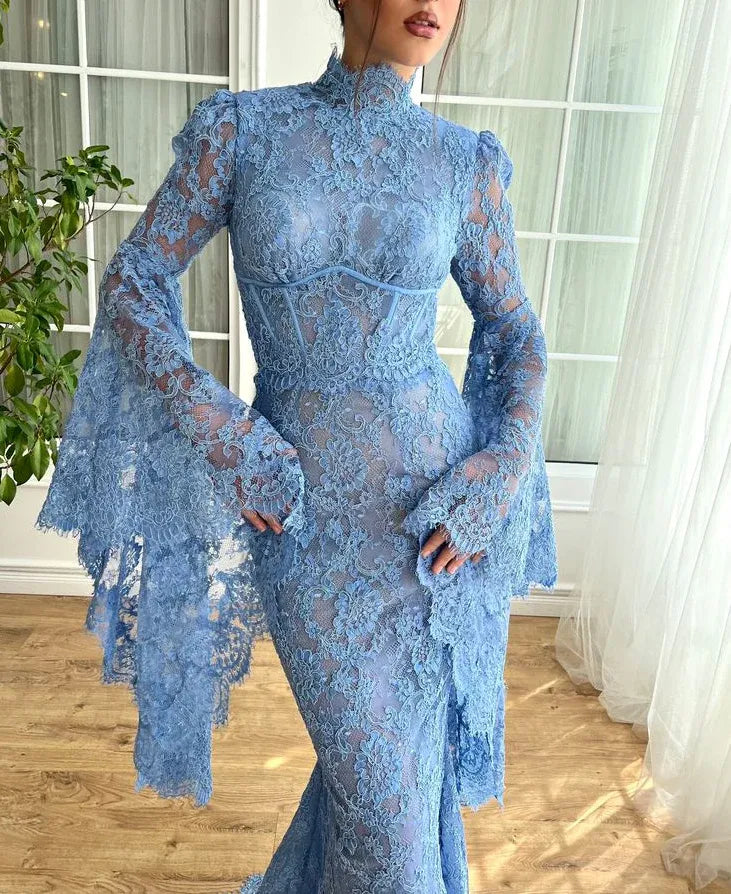 Dramatic Mermaid Turtleneck Long-Sleeve Lace Sky Blue Floor-Length Prom Dress for Women
