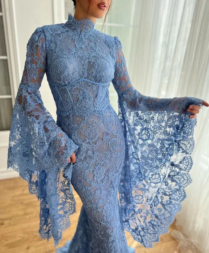Dramatic Mermaid Turtleneck Long-Sleeve Lace Sky Blue Floor-Length Prom Dress for Women