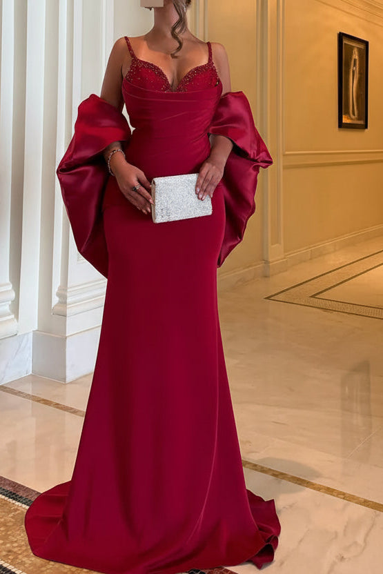 Dramatic Satin Long Evening Dress Burgundy Plunging-Neck Puff-Sleeve for Women