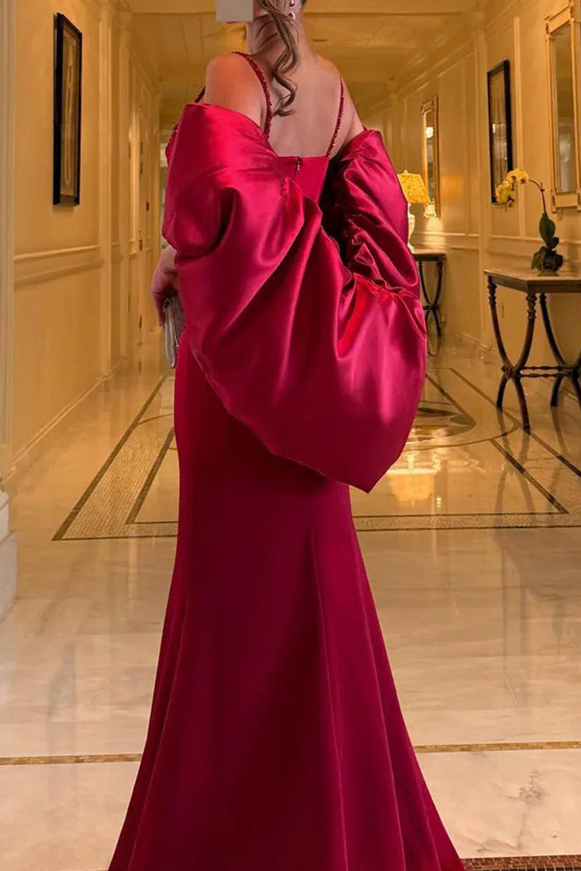 Dramatic Satin Long Evening Dress Burgundy Plunging-Neck Puff-Sleeve for Women