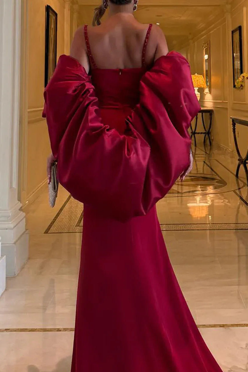 Dramatic Satin Long Evening Dress Burgundy Plunging-Neck Puff-Sleeve for Women