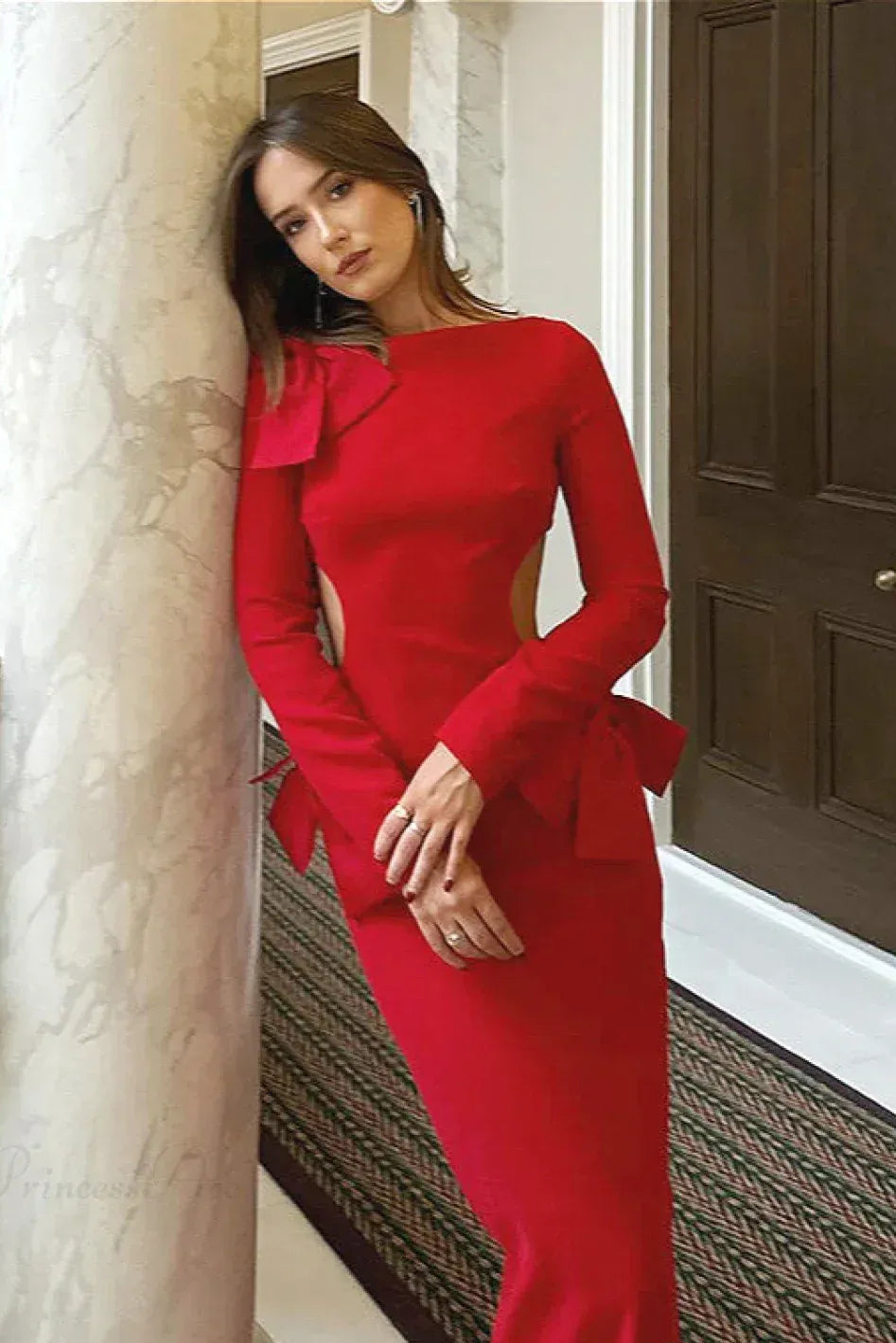 Dramatic Sheath Crew-Neck Long-Sleeve Bow-Accent Red Midi Prom Dress for Women For Sale