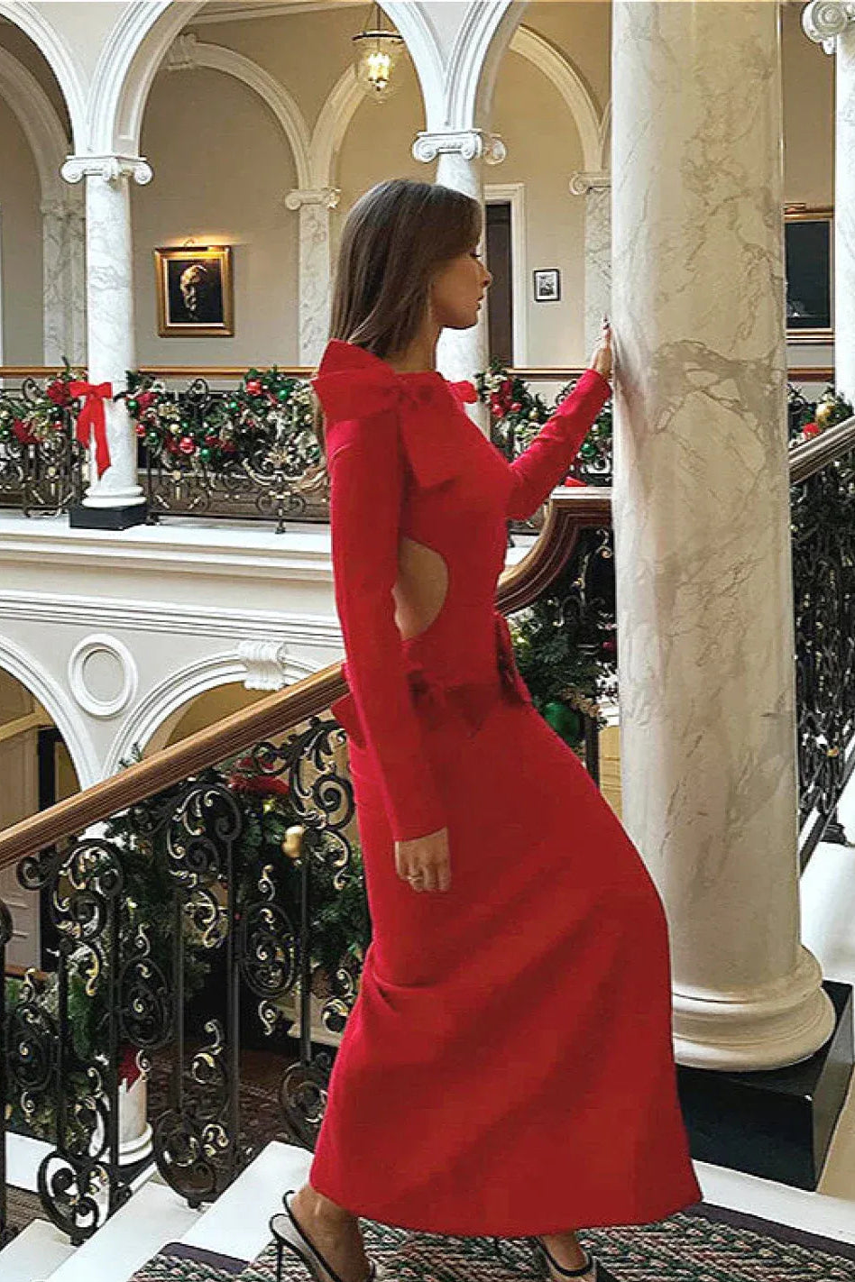Dramatic Sheath Crew-Neck Long-Sleeve Bow-Accent Red Midi Prom Dress for Women For Sale