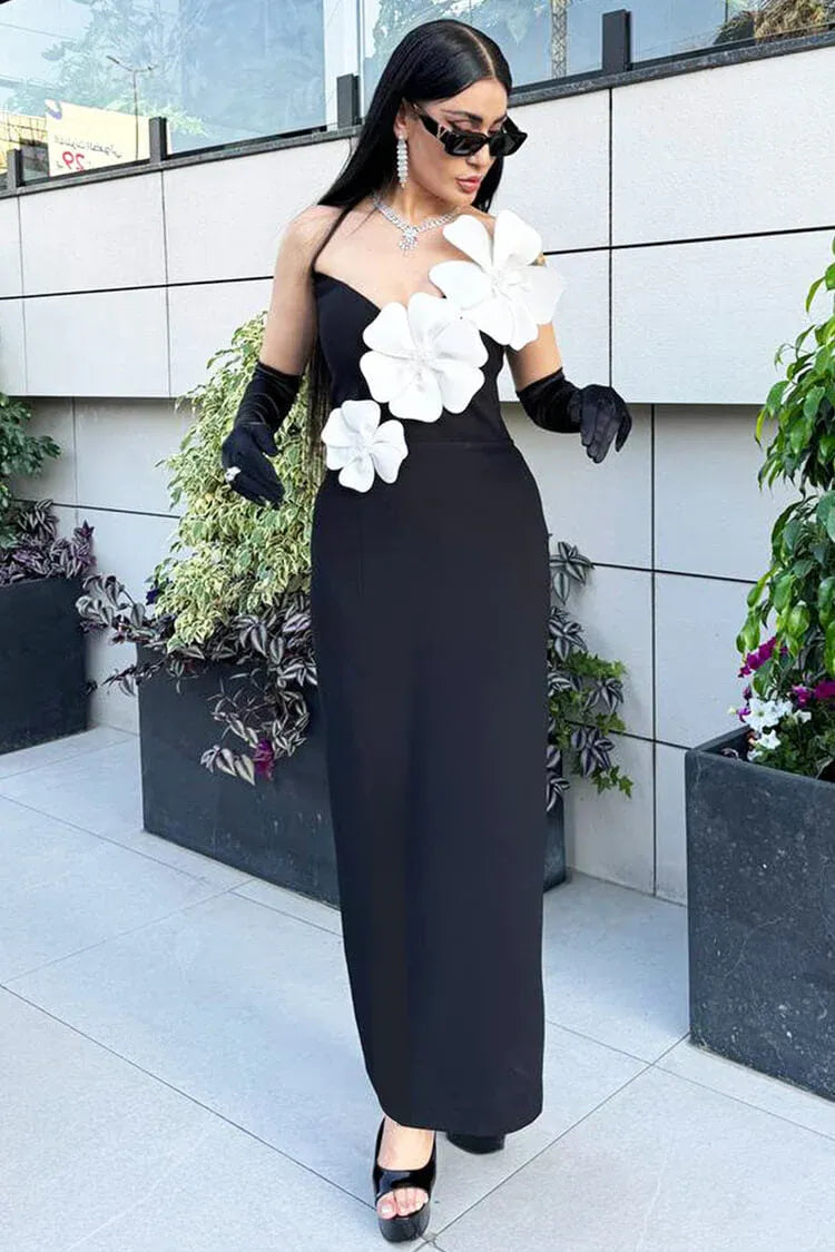 Dramatic Sheath Strapless 3D-Crystal-Floral Fabric Black Floor-Length Evening Dress for Women