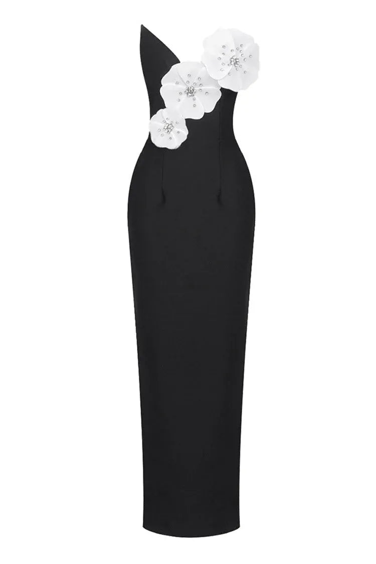 Dramatic Sheath Strapless 3D-Crystal-Floral Fabric Black Floor-Length Evening Dress for Women