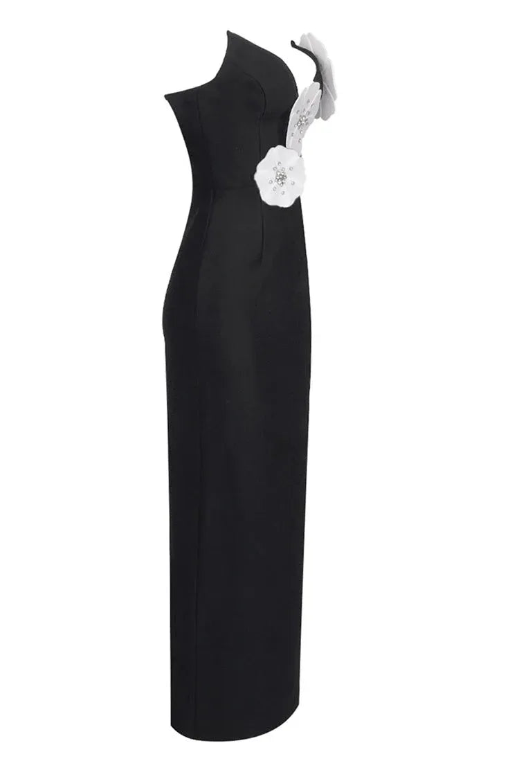 Dramatic Sheath Strapless 3D-Crystal-Floral Fabric Black Floor-Length Evening Dress for Women