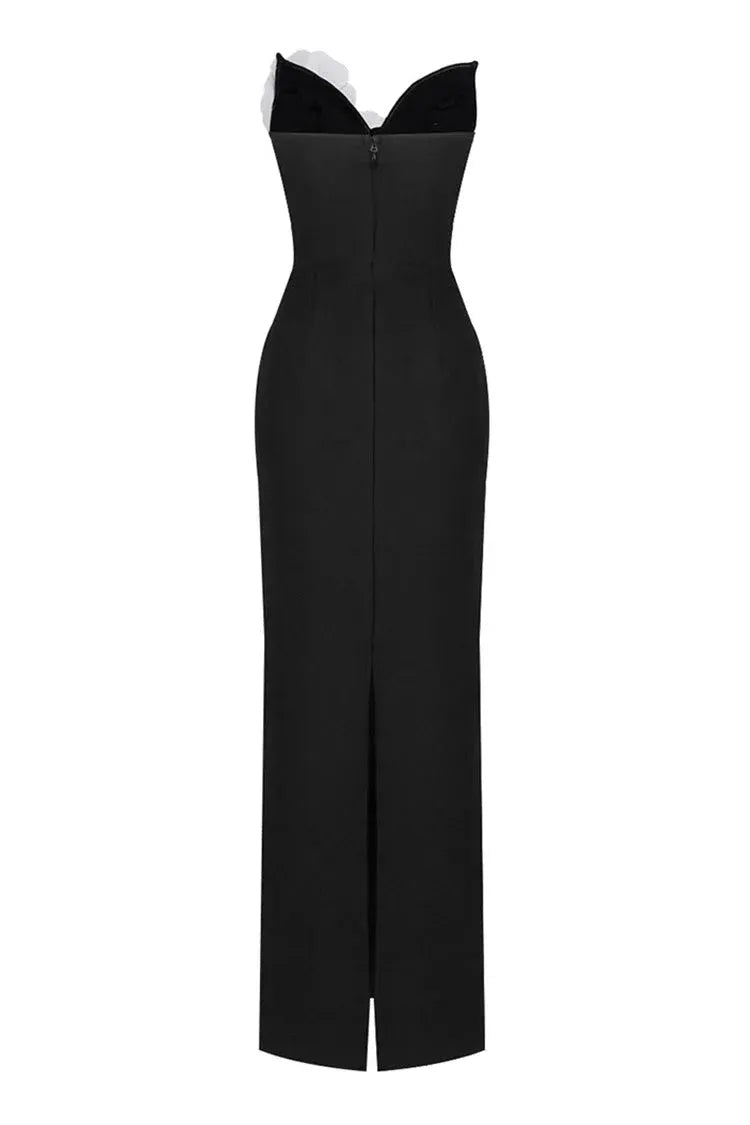 Dramatic Sheath Strapless 3D-Crystal-Floral Fabric Black Floor-Length Evening Dress for Women