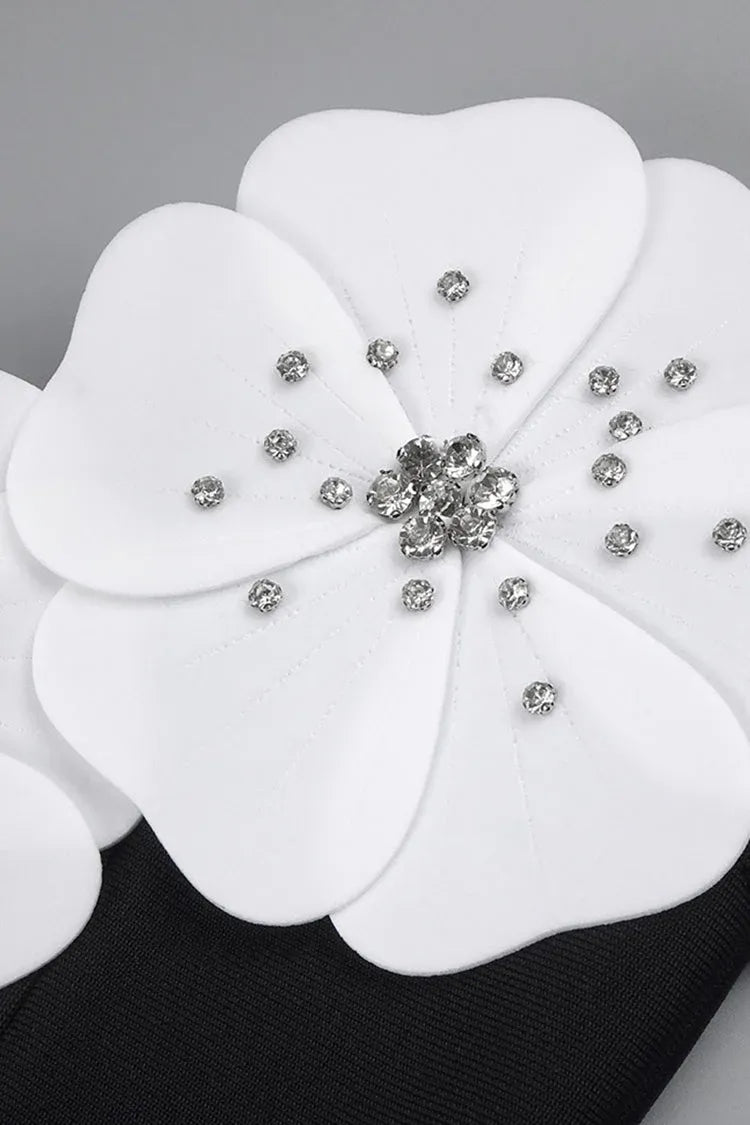 Dramatic Sheath Strapless 3D-Crystal-Floral Fabric Black Floor-Length Evening Dress for Women