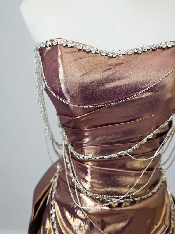 Dramatic Sheath Sweetheart-Strap Sleeveless Pearl-Accented Bronze Maxi Prom Dress for Women Custom