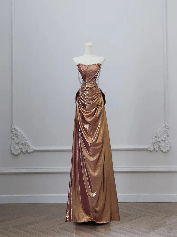 Dramatic Sheath Sweetheart-Strap Sleeveless Pearl-Accented Bronze Maxi Prom Dress for Women Custom