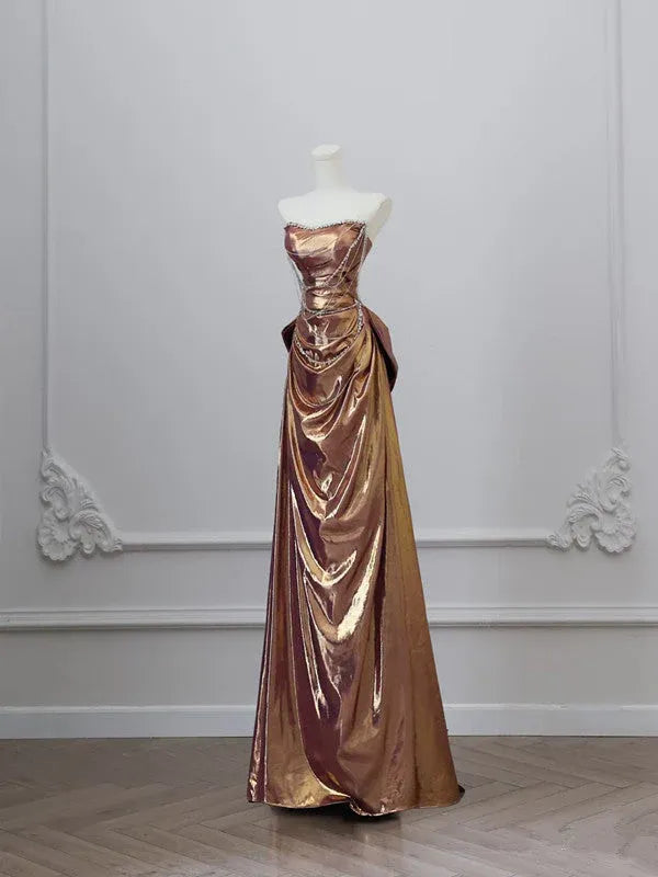 Dramatic Sheath Sweetheart-Strap Sleeveless Pearl-Accented Bronze Maxi Prom Dress for Women Custom