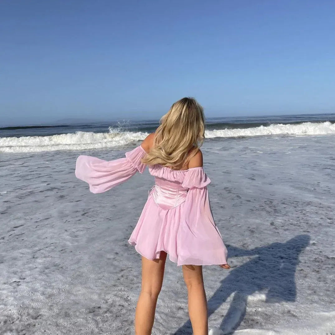 Dreamy A-Line Off-Shoulder Long Sleeves Corset Tie Blush Mini Homecoming Dress