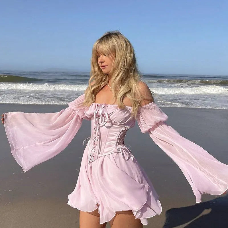 Dreamy A-Line Off-Shoulder Long Sleeves Corset Tie Blush Mini Homecoming Dress