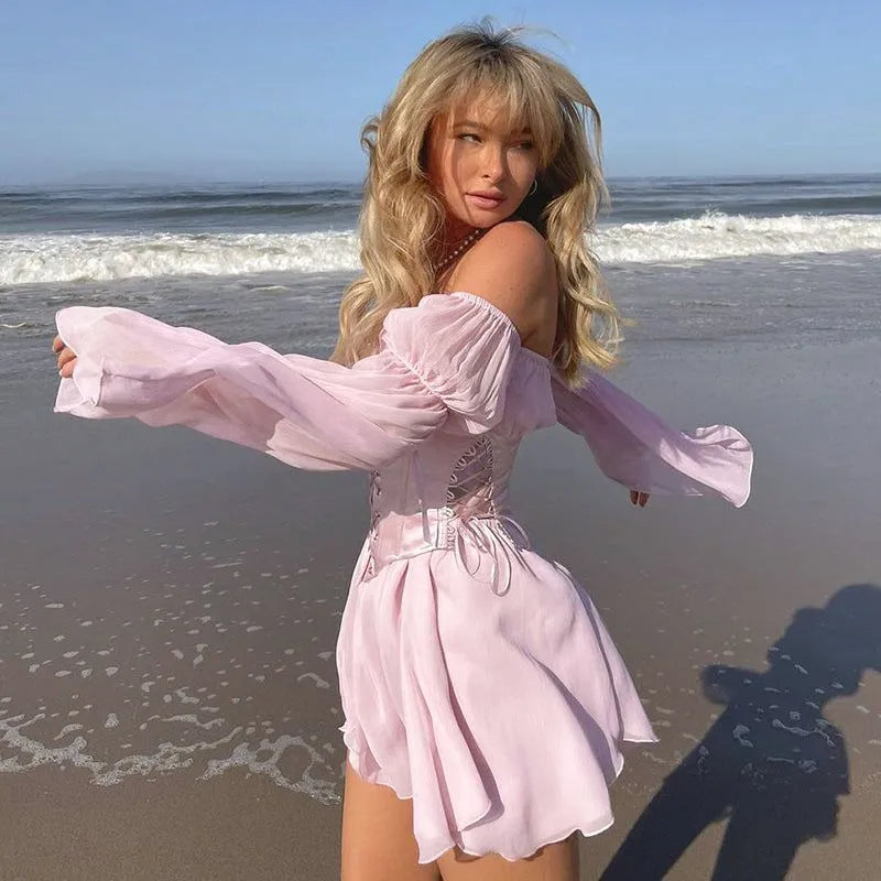 Dreamy A-Line Off-Shoulder Long Sleeves Corset Tie Blush Mini Homecoming Dress