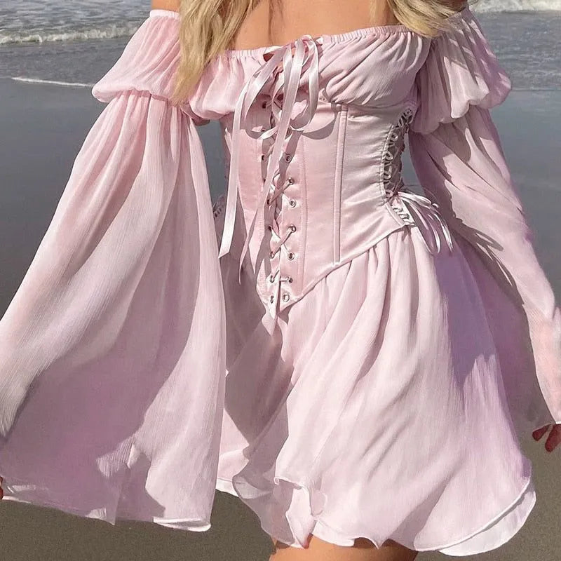 Dreamy A-Line Off-Shoulder Long Sleeves Corset Tie Blush Mini Homecoming Dress