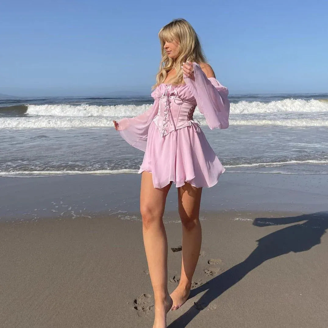 Dreamy A-Line Off-Shoulder Long Sleeves Corset Tie Blush Mini Homecoming Dress