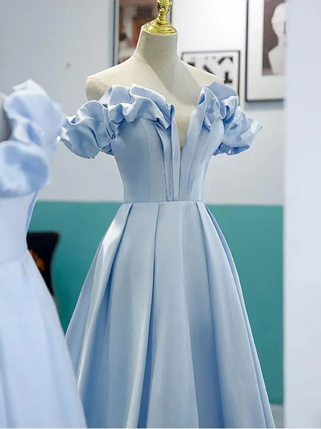 Dreamy A-Line Off Shoulder Sleeveless Ruffle Light Blue Prom Dress For Sale