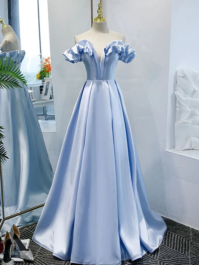 Dreamy A-Line Off Shoulder Sleeveless Ruffle Light Blue Prom Dress For Sale