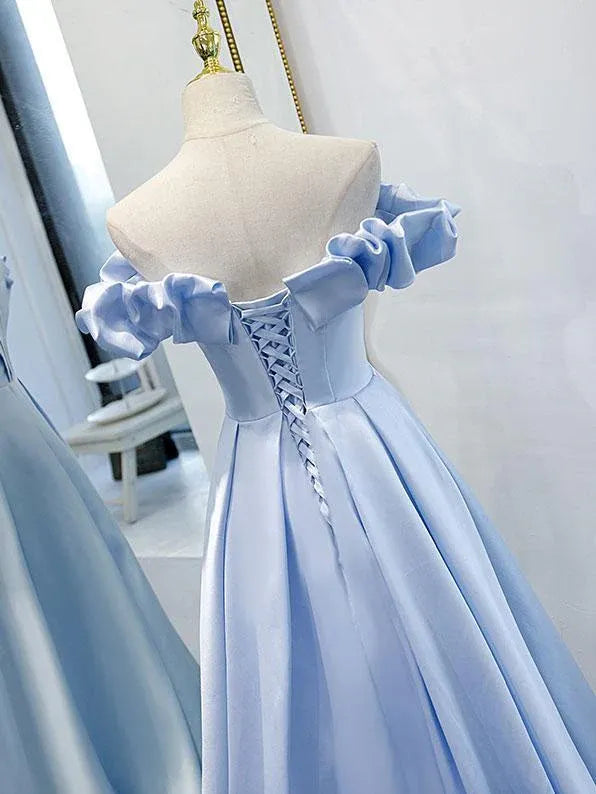 Dreamy A-Line Off Shoulder Sleeveless Ruffle Light Blue Prom Dress For Sale