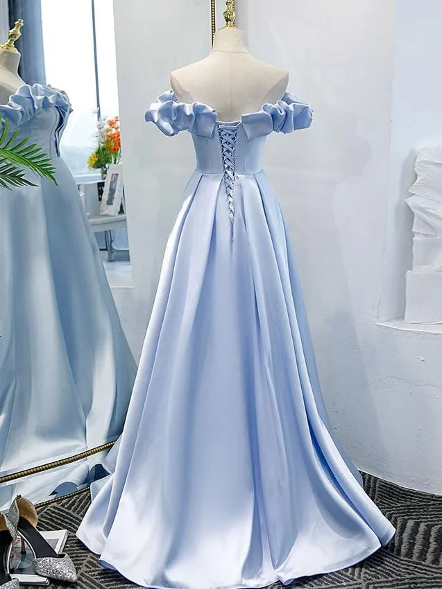 Dreamy A-Line Off Shoulder Sleeveless Ruffle Light Blue Prom Dress For Sale
