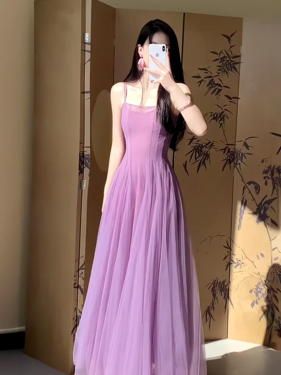 Dreamy A-Line Square-Neck Sleeveless Tulle Lavender Floor-Length Evening Dress for Women