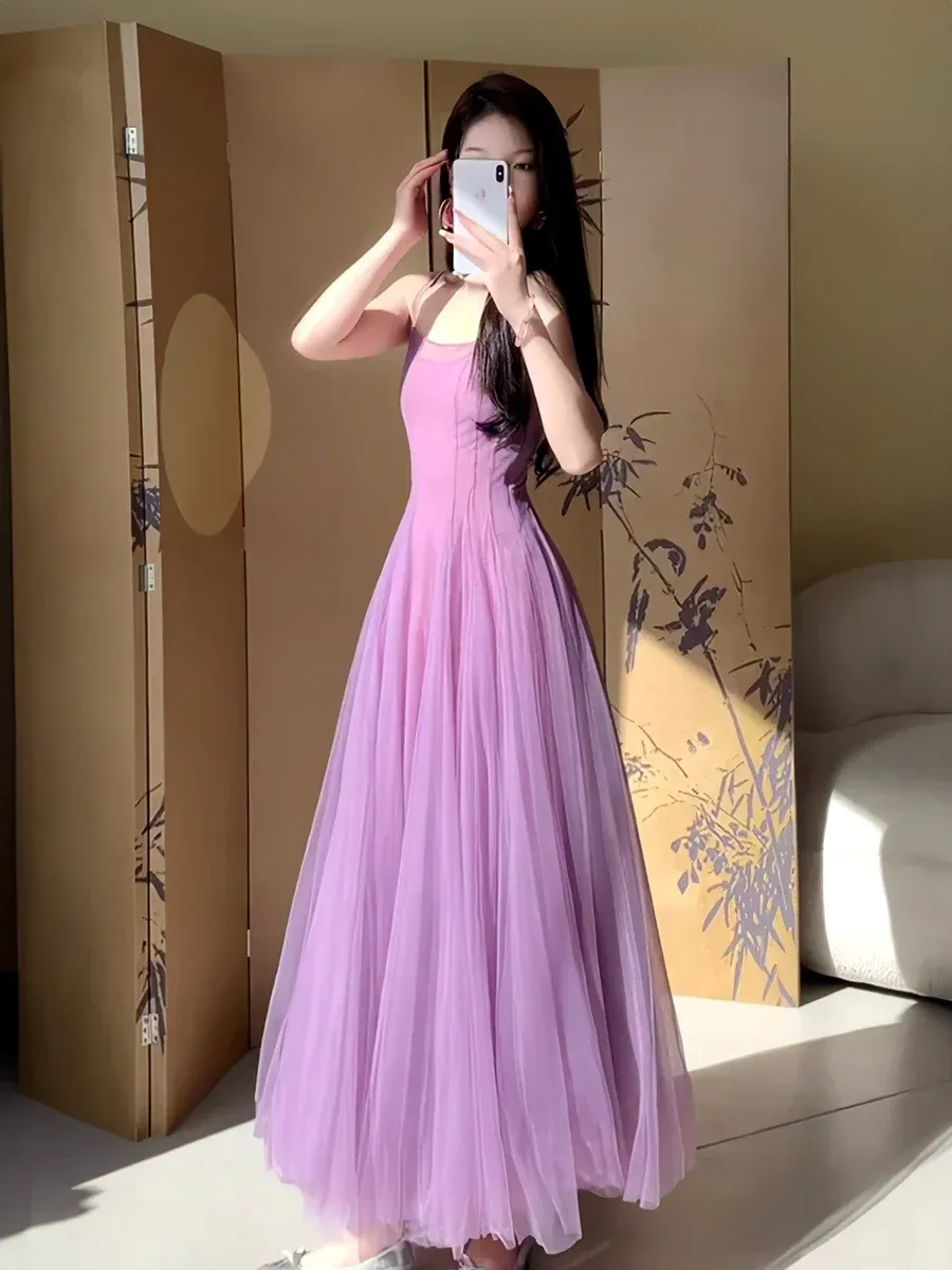 Dreamy A-Line Square-Neck Sleeveless Tulle Lavender Floor-Length Evening Dress for Women