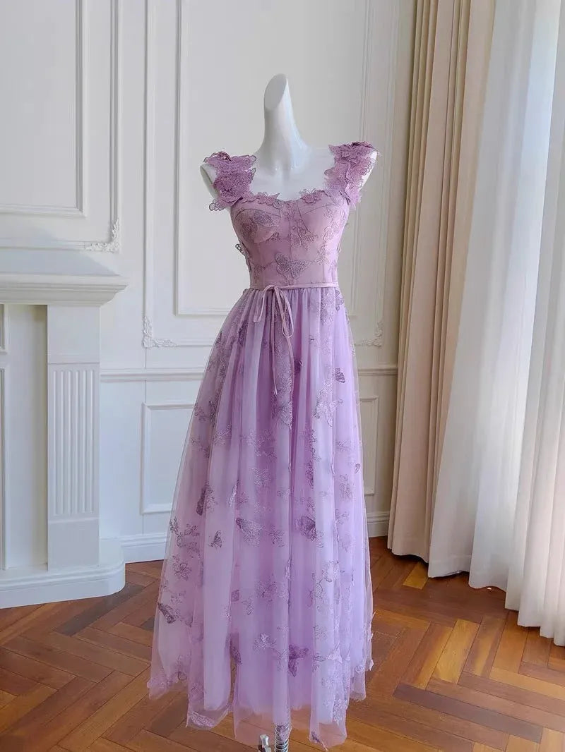 Dreamy A-Line Square Neck Short-Sleeve Lace Lilac Maxi Prom Dress for Women Custom