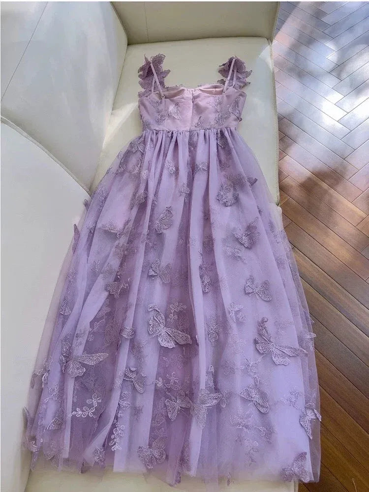 Dreamy A-Line Square Neck Short-Sleeve Lace Lilac Maxi Prom Dress for Women Custom