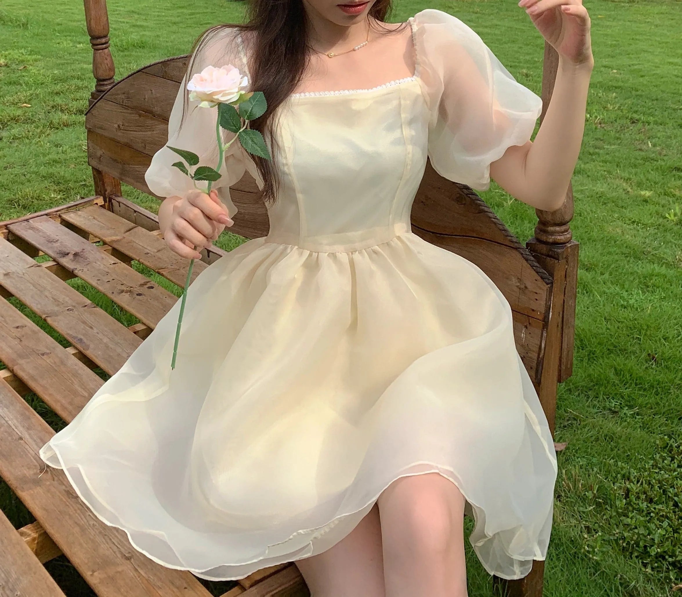 Dreamy A-Line Square Puff Sleeve Lace High Waist Cream Short Homecoming Dress