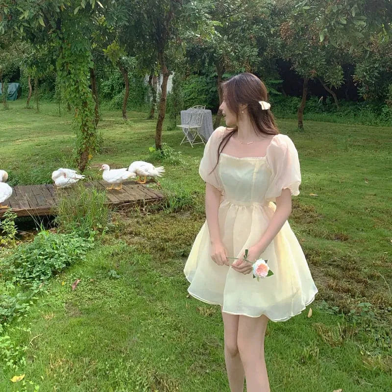 Dreamy A-Line Square Puff Sleeve Lace High Waist Cream Short Homecoming Dress