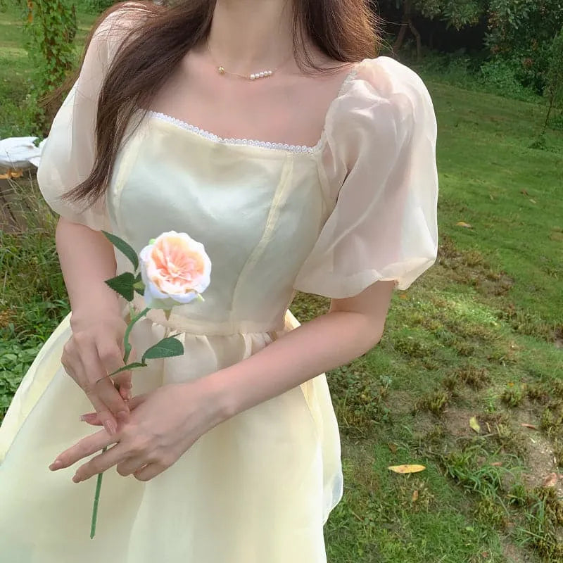 Dreamy A-Line Square Puff Sleeve Lace High Waist Cream Short Homecoming Dress