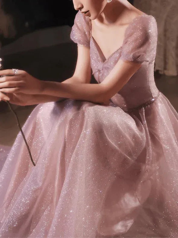 Dreamy A-Line Sweetheart Puff Sleeve Glitter Dusty Pink Floor Length Prom Dress