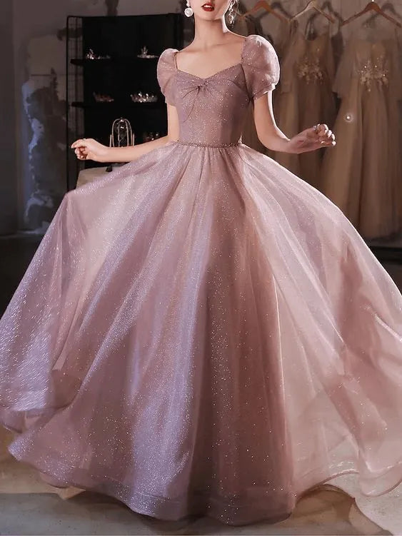 Dreamy A-Line Sweetheart Puff Sleeve Glitter Dusty Pink Floor Length Prom Dress