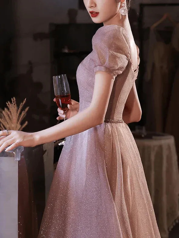 Dreamy A-Line Sweetheart Puff Sleeve Glitter Dusty Pink Floor Length Prom Dress