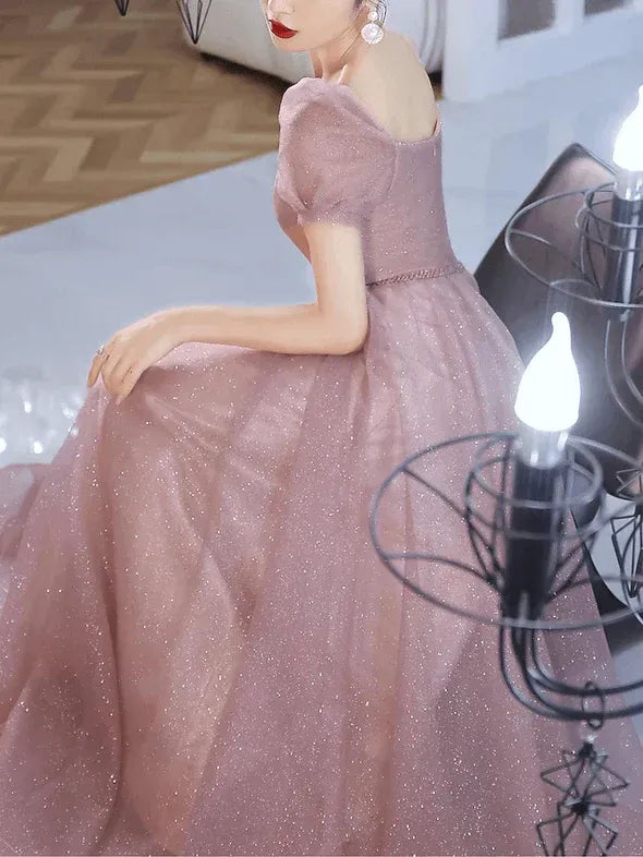 Dreamy A-Line Sweetheart Puff Sleeve Glitter Dusty Pink Floor Length Prom Dress